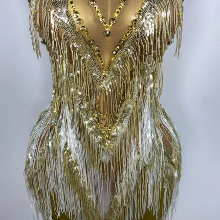 Sparkly Rhinestone & Tassel Fringe Latin Dance Mini Dress Stage Costume