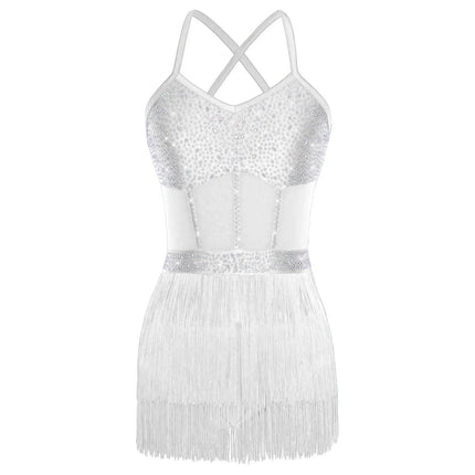 Rhinestone Latin Dance Dress, Mesh Tiered Tassel Bodysuit & Long Gloves Set