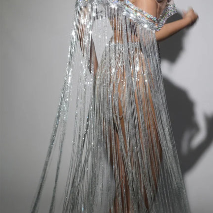 Sparkly Silver Rhinestone Sheer Cape Dress Stage Costume