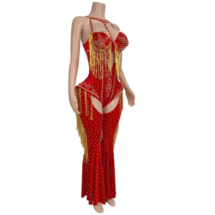 Rhinestone Tassel Hollow-Out Jumpsuit & Stage Performance Dance Romper