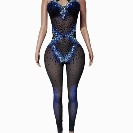 Sapphire Blue Rhinestone Halter Catsuit Illusion Mesh Cutout Jumpsuit Stage Costume