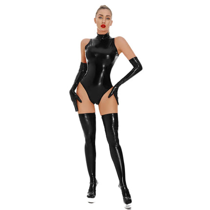 Glossy PU Faux Leather High-Cut Bodysuit, Gloves & Stockings Set
