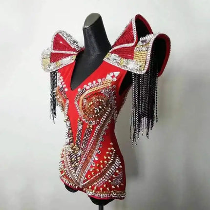 Sparkly Crystal & Rhinestone Armor Bodysuit & Dress Stage Performance Costume