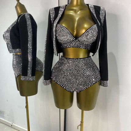 Rhinestone Bustier, High-Waist Mini Shorts & Cropped Jacket 3-Piece Performance Costume Set
