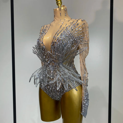 Luxury Shining Diamond See-Through Mesh Bodysuit Stage Performance Jumpsuit