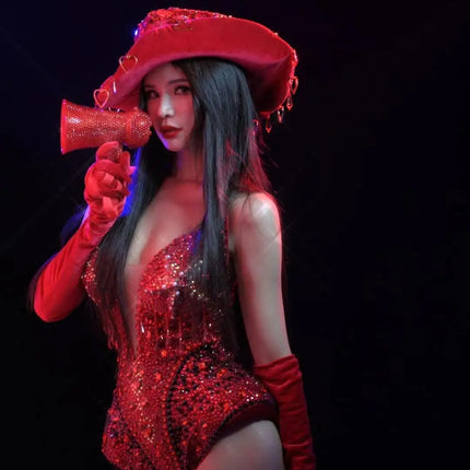 Western Cowboy Showgirl Bodysuit, Hat & Gloves 3-Piece Stage Costume Set