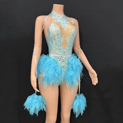 Rhinestone Feather Embellished Bodysuit & Showgirl Stage Dance Costume