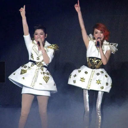 White Faux Leather Studded Stage Dress & Fluffy Skirt Pop Singer Costume Set