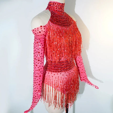 Rhinestone Tassel Mesh Performance Bodysuit