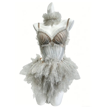 Sexy Nightclub Women Performance Stage Costume Shiny Rhinestones Mesh Bikini Bodysuit Dancer Pole Dancing Party Rave Outfit
