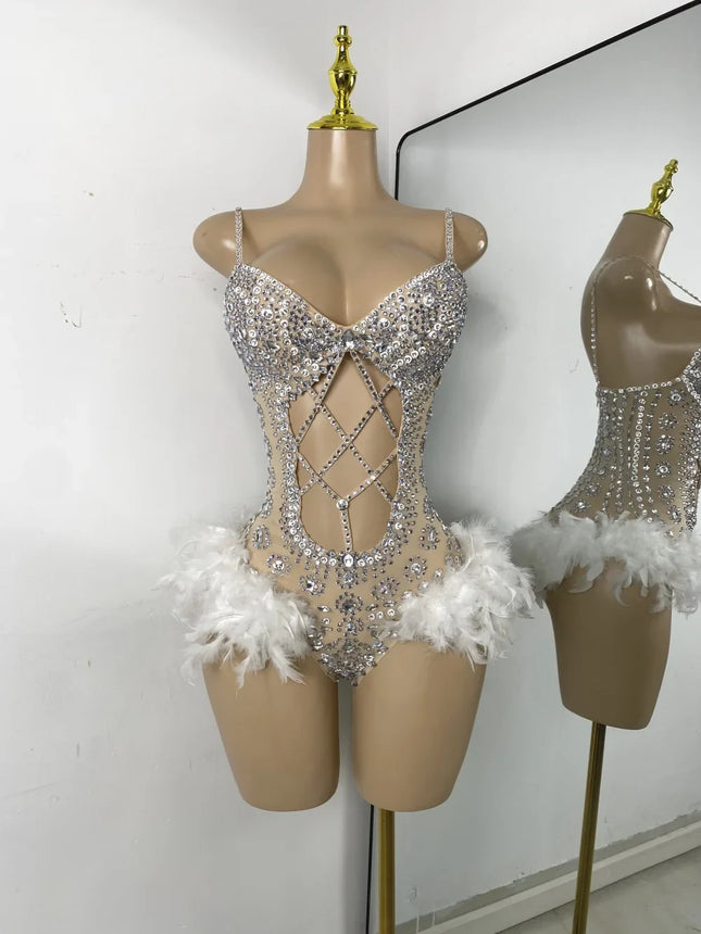 The Stardust Follies Feather Bodysuit – Luxury Rhinestone & Mesh Showgirl Costume