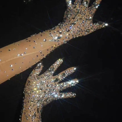 The Stardust Illusion Rhinestone Gloves – Luxury Crystal Mesh Opera Gloves