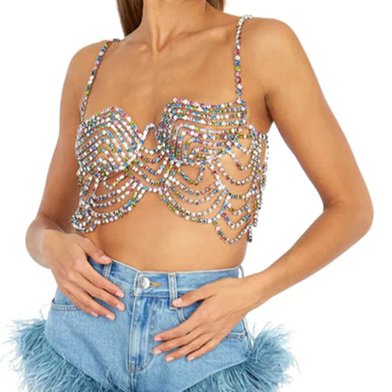 Multicolored Rhinestone Bralette Chest Chain