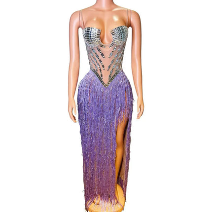 Strapless Rhinestone Fringe High-Slit Showgirl Gown – Glamour Stage Performance & Gala Evening Dress