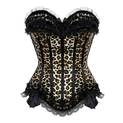 Leopard Satin Overbust Corset Lace Bowknot Clubwear Showgirl Body Shaper