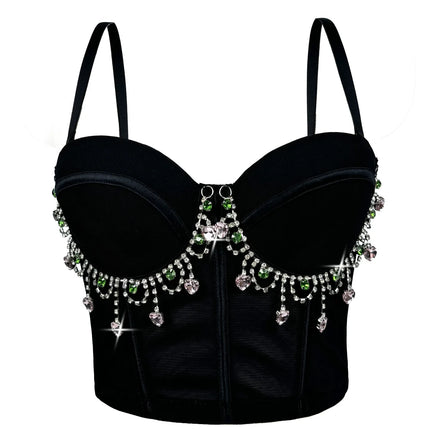 Mesh Bustier Corset Crop Top Diamond Embroidery Tassel Evening Party Bralette