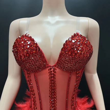 V-Neck Crystal Corset High-Low Feather Gown & Special Occasion Birthday Dress