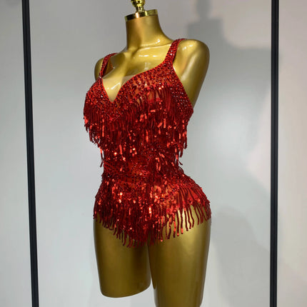 Sparkly Rhinestone Tassel Backless Mesh Bodysuit Luxury Stage Performance Costume