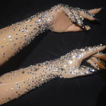 The Stardust Illusion Rhinestone Gloves – Luxury Crystal Mesh Opera Gloves