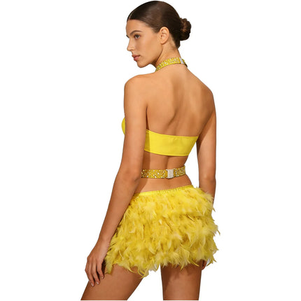 Glittery Rhinestone & Faux Feather Latin Dance Leotard Halter Bodysuit