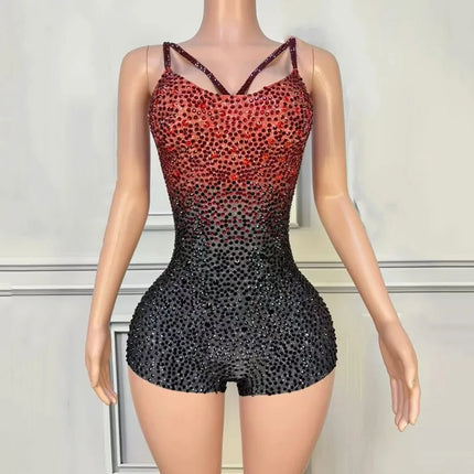 Red Black Rhinestones Sleeveless Bodysuit Women Singer Dancer Concert Performance Dance Costume Nightclub Party Show Stage Wear