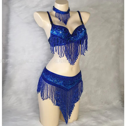 The Stardust Cabaret 2-Piece Ensemble – Luxury Sequin Fringe Bra & Belt Set