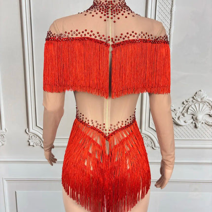Sparkly Rhinestone Tassel Fringe Dance Performance Costume Stage Bodysuit