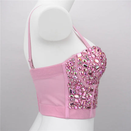 The Stardust Prism Siren – Sparkly Pink Rhinestone & Beaded Bustier Corset Crop Top