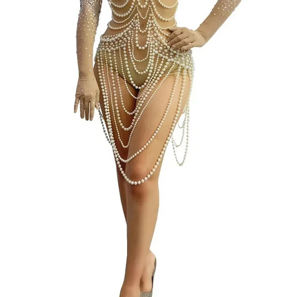 Diamond & Pearl Body Chain Illusion Catsuit Long-Sleeve Mesh Jumpsuit Stage Costume