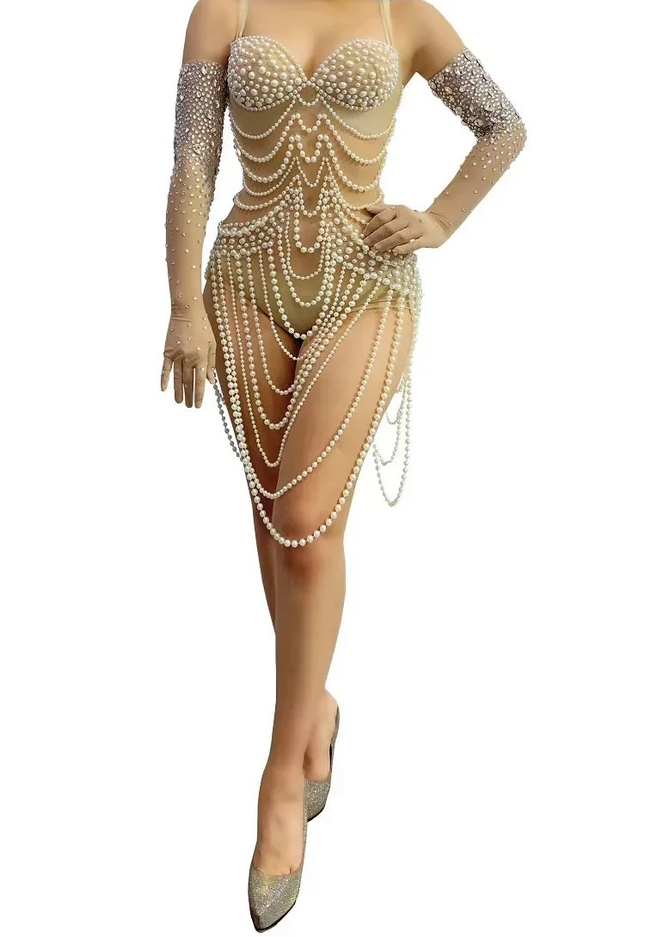Diamond & Pearl Body Chain Illusion Catsuit Long-Sleeve Mesh Jumpsuit Stage Costume