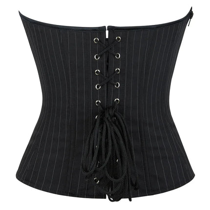 Black Striped Overbust Corset Top Zipper Front Lace-Up Bustier Body Shaper