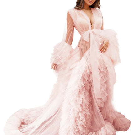 Voluminous Illusion Tulle Ruffle Long Robe Dressing Gown