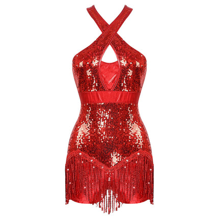 Sequined Fringe Cross-Front Latin Dance Leotard Costume Dress