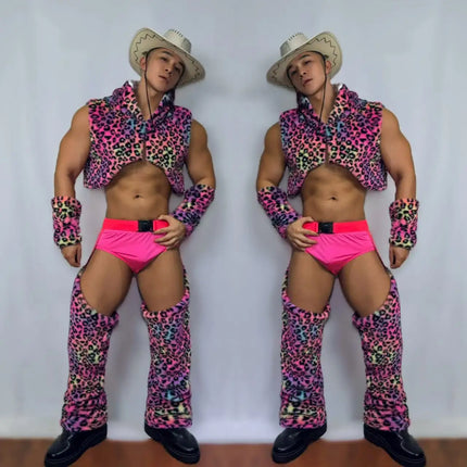 Men's Nightclub Party Performance Costume Pink Faux Fur Vest Hollow Pants Outfit