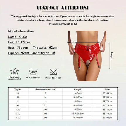 High-Waist Patent Leather Crotchless Thong & Garter Clip Lingerie