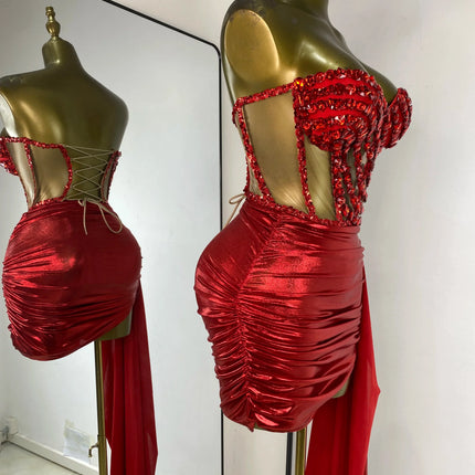 Rhinestone Tube Bustier Corset Top & Bronzing Mini Skirt 2-Piece Performance Set
