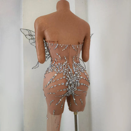 Silver Crystal Mesh 3D Butterfly Rhinestone Wings Jumpsuit