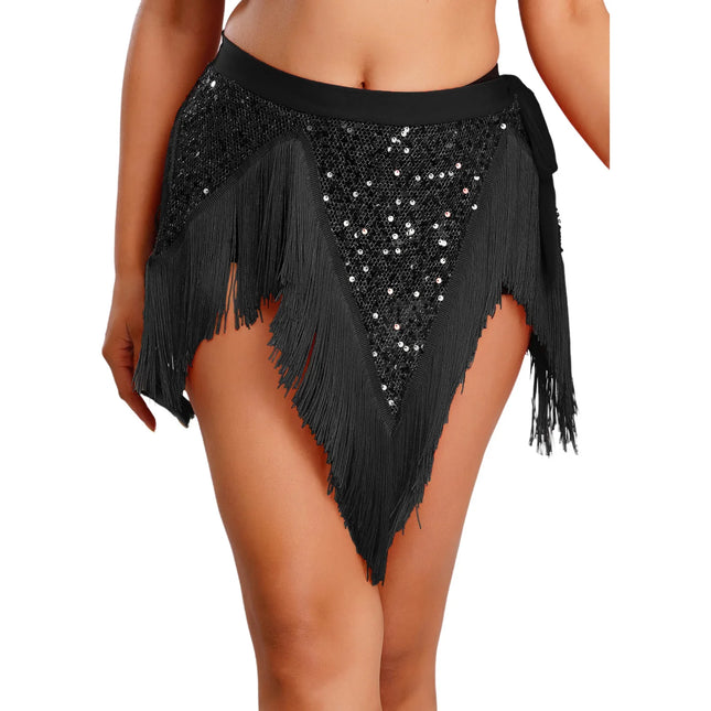 Glitter Sequin Fishnet Mesh Hip Scarf & Tassel Waist Wrap Belly Dance Skirt
