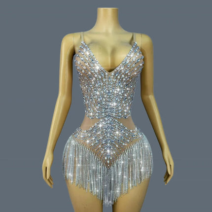 Sparkly Silver Rhinestone Tassel Sheer Mesh Stage Bodysuit Leotard Costume