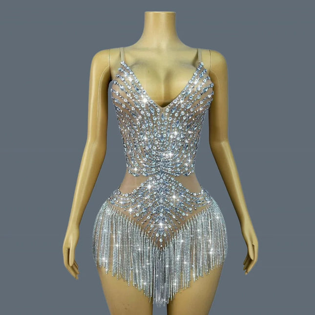 Sparkly Silver Rhinestone Tassel Sheer Mesh Stage Bodysuit Leotard Costume