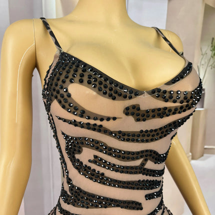 Leopard Print Sparkly Rhinestone Mesh Evening Gown Red Carpet Stage Dress