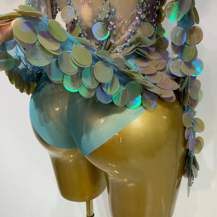 Iridescent Mermaid Scale Sequin & Rhinestone Illusion Bodysuit Stage Costume