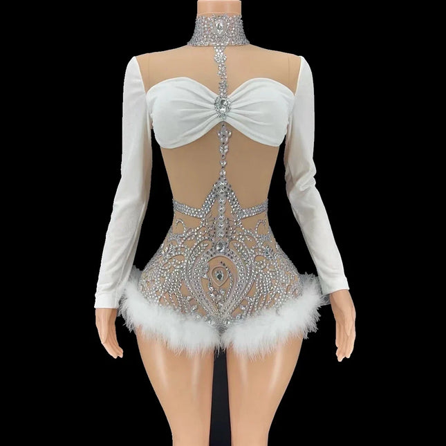 Sparkly Rhinestone & White Feather Long-Sleeve Bodysuit Stage Costume