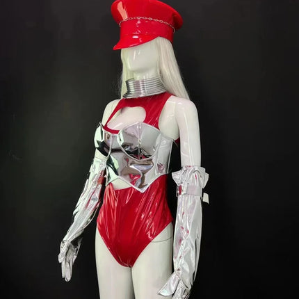 Crimson Red & Laser Silver Foil Bodysuit, Gloves & Beret Hat Stage Dance Costume Set