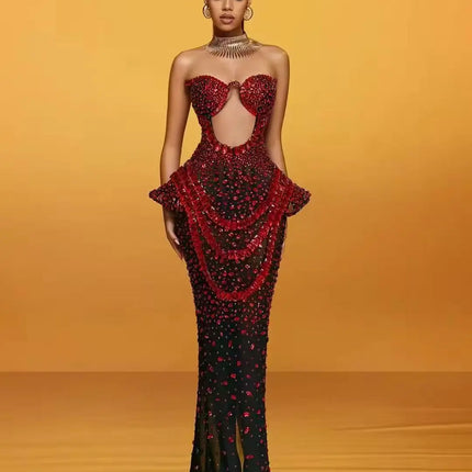 Vintage-Inspired Heavy Rhinestone Mesh Evening Prom Dress