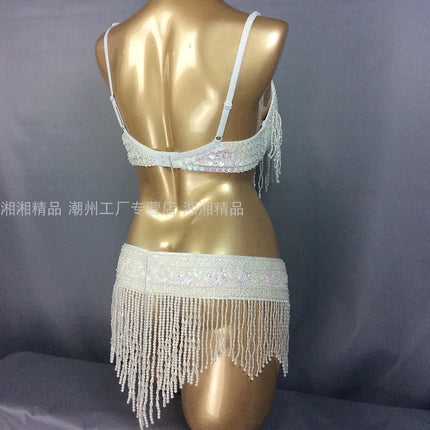 The Stardust Cabaret 2-Piece Ensemble – Luxury Sequin Fringe Bra & Belt Set