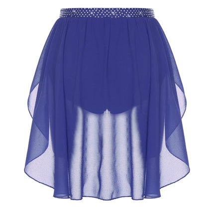 Womens Modern Lyrical Dance Skirt Performance Costume Sparkly Rhinestone Irregular Chiffon Hem Built-in Briefs Skirt Dancewear