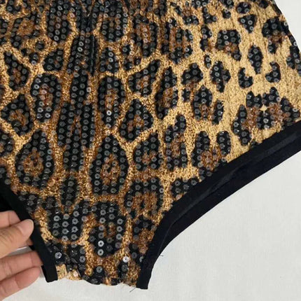 Sequined Top & High-Waist Leopard Print Shorts 2-Piece Gogo Dance Set