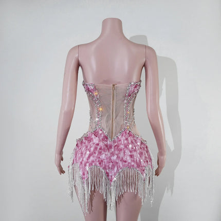 Sequin Beaded Tassels Mini Dress Crystals Mesh Bodycon Stage Performance Outfit