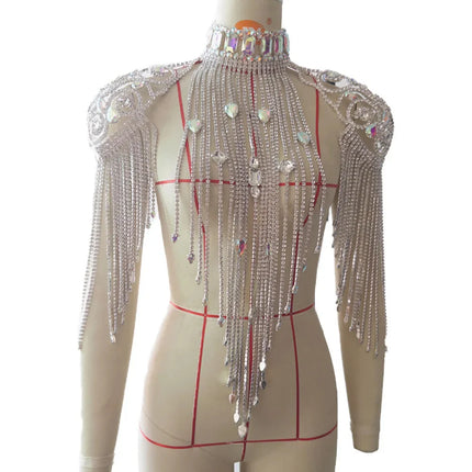 Long Rhinestone Chain Tassel Fringe Chocker Shoulder Necklace Body Jewelry